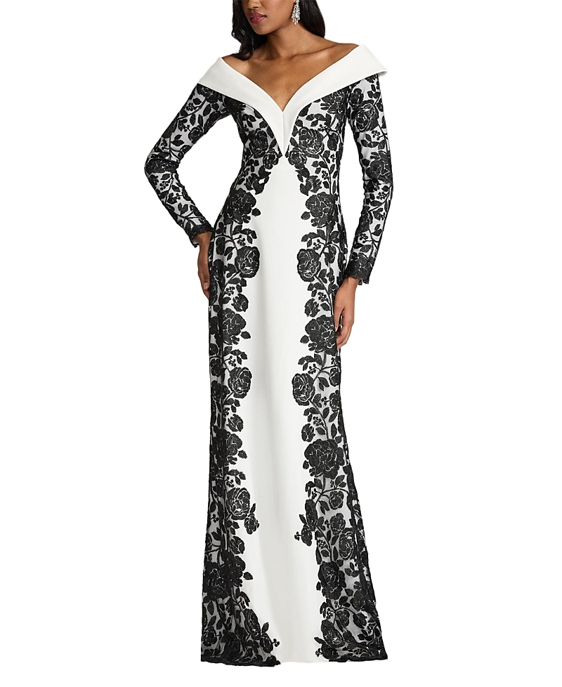 Tadashi Shoji Melara Off-Shoulder Embroidered Crepe Gown