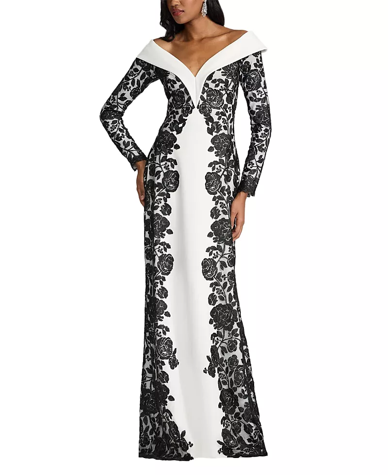 Tadashi Shoji Melara Off-Shoulder Embroidered Crepe Gown