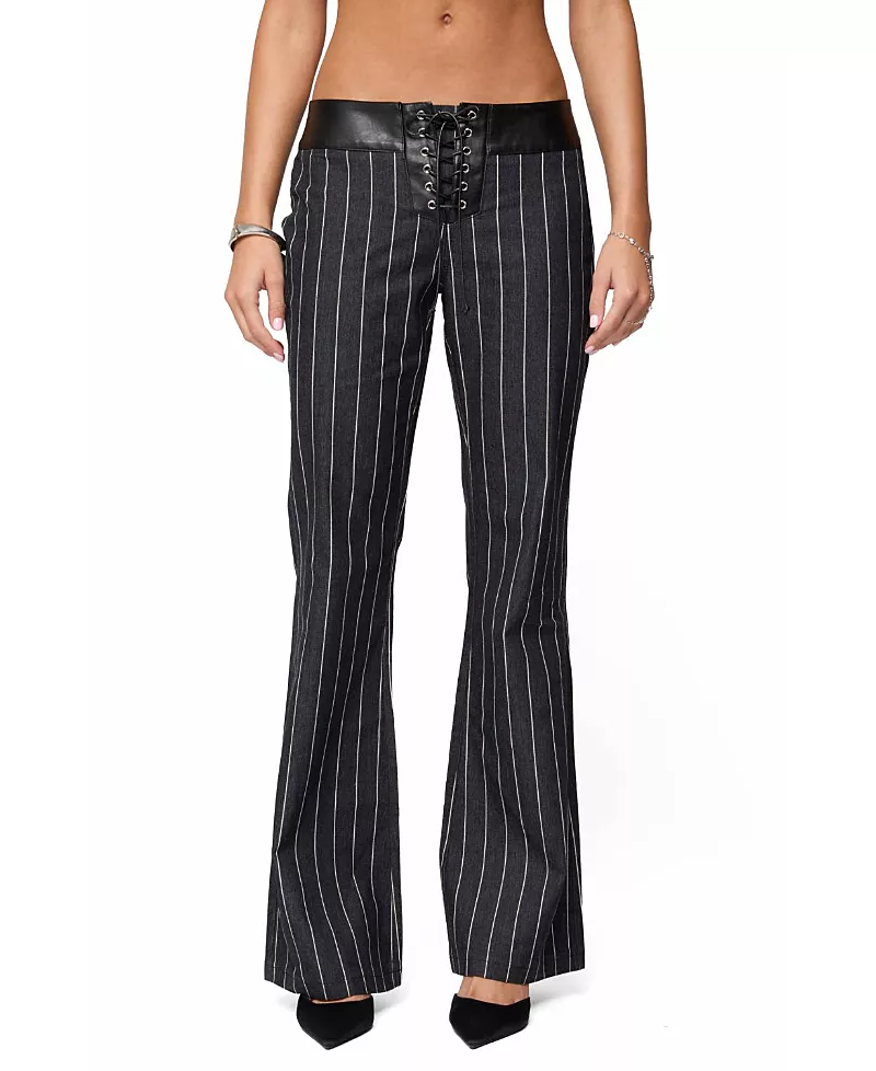 Edikted Pinstripe Low Rise Flared Jeans
