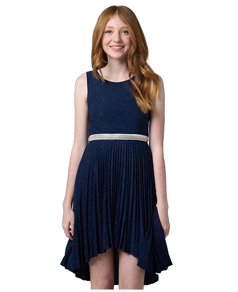 Un Deux Trois Girls' Glitter Pleated High Low Dress with Belt - Big Kid