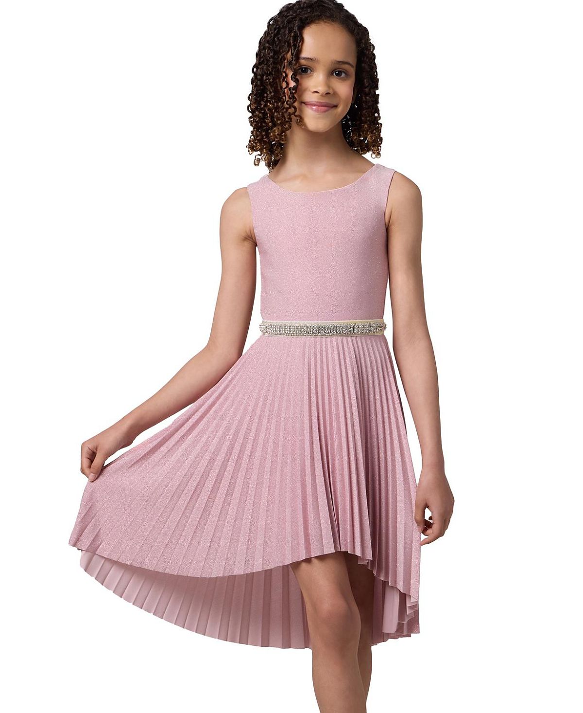 Un Deux Trois Girls' Glitter Pleated High Low Dress with Belt - Big Kid