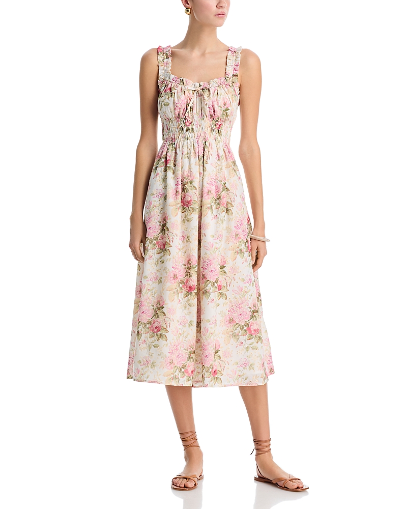 Aqua Floral Eyelet Tie Smocked Midi Dress - Exclusive