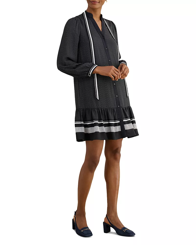 Hobbs London Valerie Contrast Print Tie Neck Dress