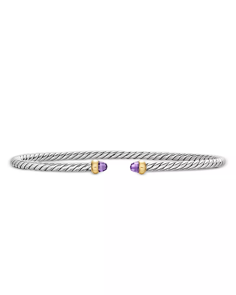 Micro Cable Flex Bracelet in Sterling Silver with 14K Yellow Gold and Amethyst, 2.6mm