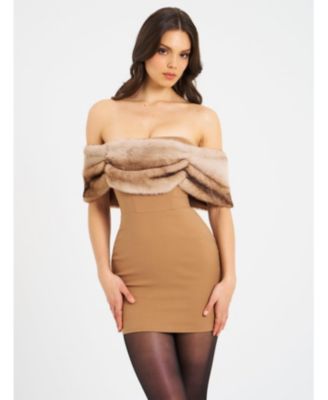  Nadira Off Shoulder Faux Fur Trim Mini Dress