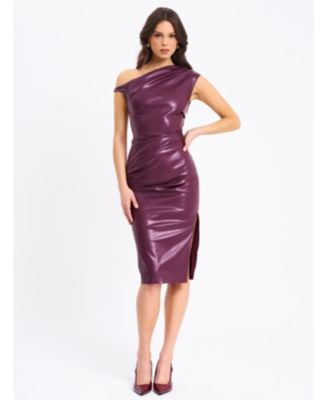 Sabina Faux Leather Slash Neck Midi Dress