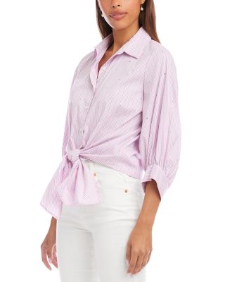 Blouson Sleeve Embellished Tie Front Top