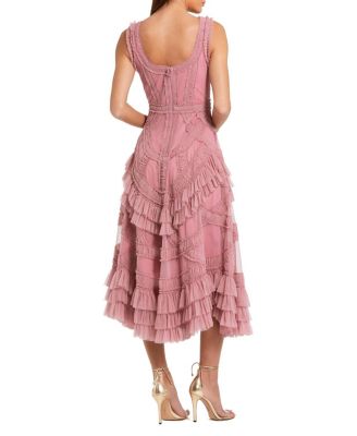  Petite  Scoop Neck Sleeveless Mesh Micro Ruffle Midi Dress
