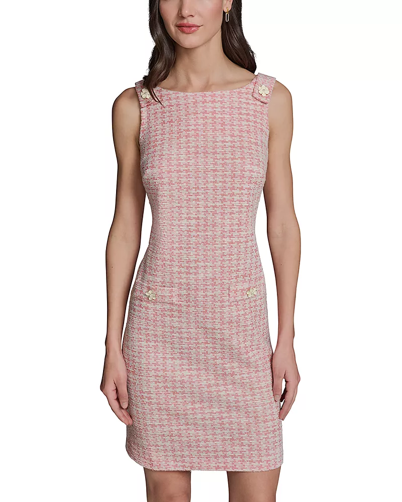 Karl Lagerfeld Paris Flower Button Sleeveless Knit Tweed Dress