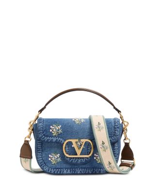 Embroidered Flower VLogo Denim Shoulder Bag