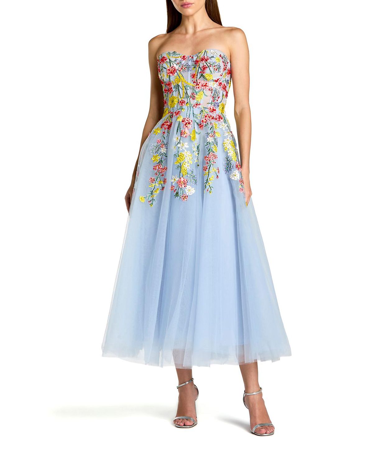 Mac Duggal Strapless Floral Embroidered A-Line Midi Dress