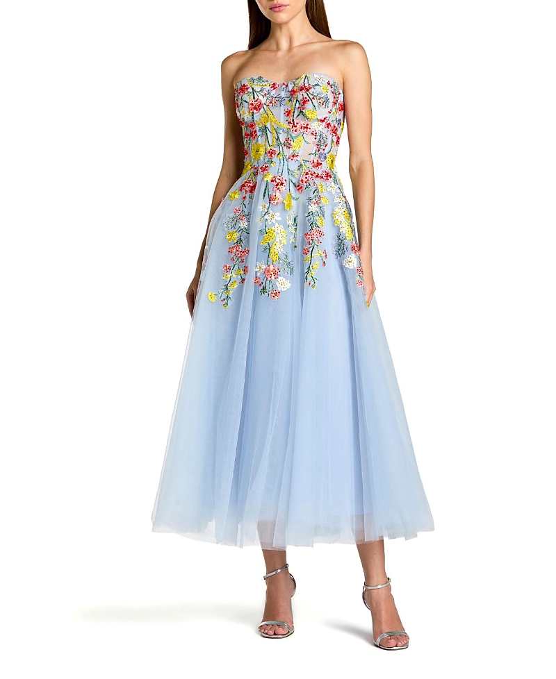 Mac Duggal Strapless Floral Embroidered A-Line Midi Dress