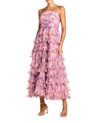  Printed Mesh Strapless Ruffle A Line Midi Dress