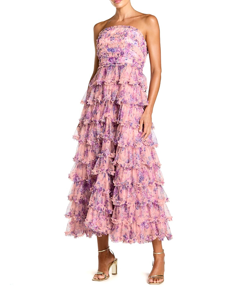 Mac Duggal Printed Mesh Strapless Ruffle A Line Midi Dress
