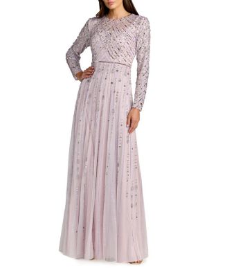  Hand Embellished Long Sleeve A-Line Gown