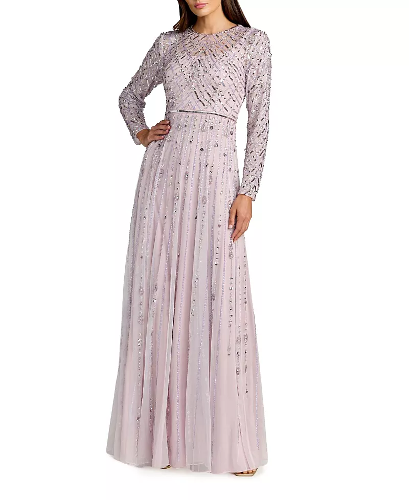 Mac Duggal Hand Embellished Long Sleeve A-Line Gown
