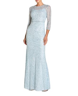  Beaded Embroidery Elbow Sleeve Column Gown