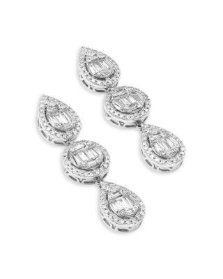 Diamond Round & Baguette Cluster Drop Earrings in 14K White Gold, 1.50 tcw