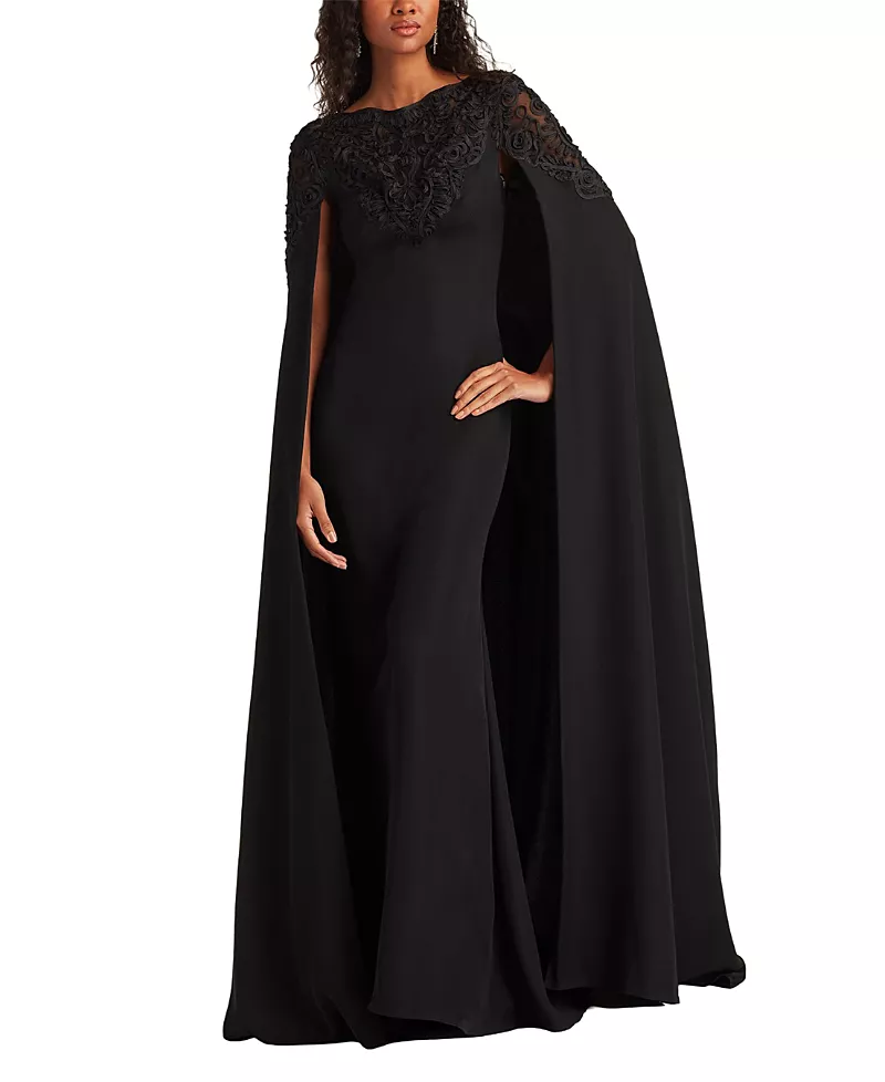 Tadashi Shoji Massaro Embroidered Cape Gown
