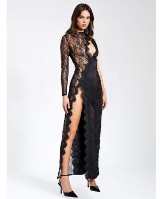  Weslyn Satin Lace High Slit Dress