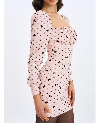  Perla Ruched Bust Velvet-Embossed Bow Mini Dress