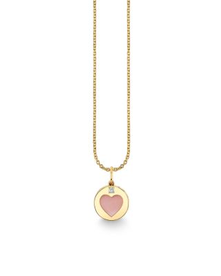 14K Yellow Gold The Solara Pink Mother of Pearl & Diamond Heart Pendant Necklace, 16-18"
