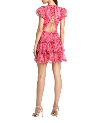  Floral High Neck Cap Sleeve Ruffle Mini Dress