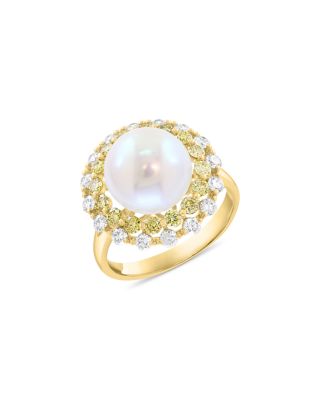 Pearl Spring Freshwater Pearl & White & Yellow Diamond Halo Ring in 14K Yellow Gold