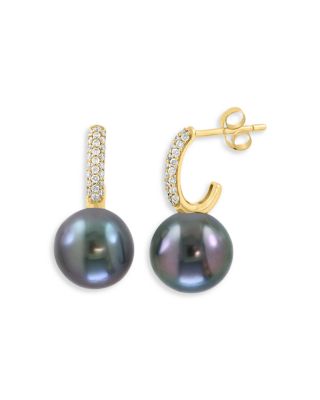 Pearl Spring Black Tahitian Pearl & Diamond Huggie Hoop Earrings in 14K Yellow Gold