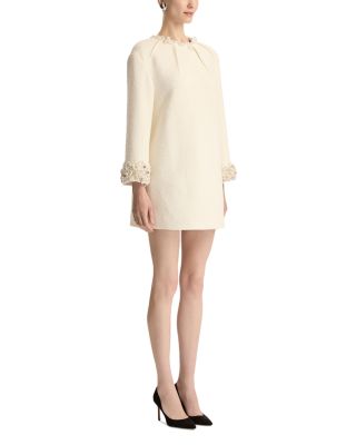 Long Sleeve Faux Pearl Embroidered Tweed Cocktail Dress