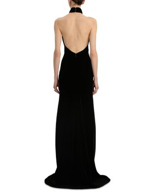 Halter Neck Velvet Gown with Gold Leaf Embroidery