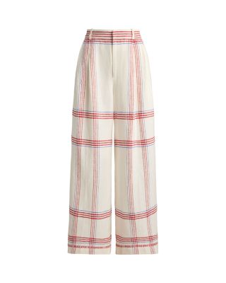 Plaid Linen Wide Leg Cropped Pants