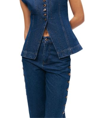  Eyelet Detail Wide-Leg Denim Pants in Medium Blue