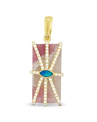 14K Yellow Gold Pink Tourmaline, Opal, & Diamond Rectangle Pendant