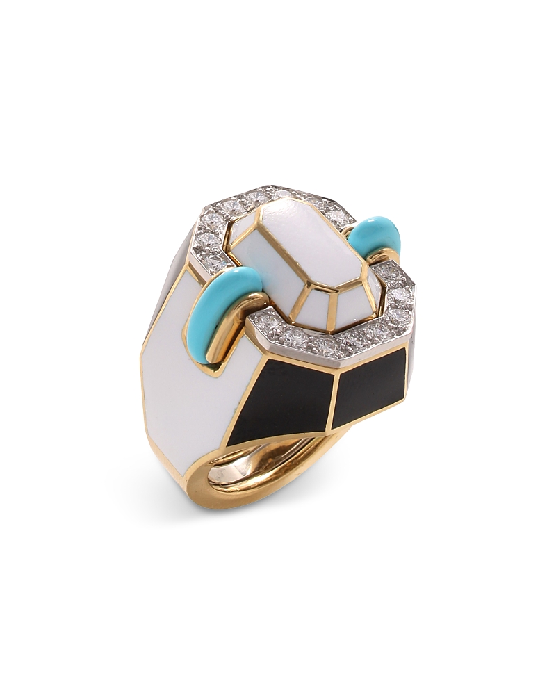 David Webb Platinum & 18K Yellow Gold Manhattan Minimalism Diamond, Turquoise, & Enamel Statement Ring