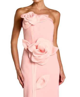 Strapless Crepe Dress with 3D Satin Flowers