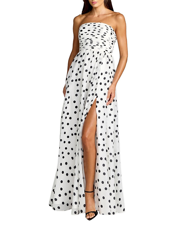 Mac Duggal Polka Dot Strapless Viscose Gown with Slit
