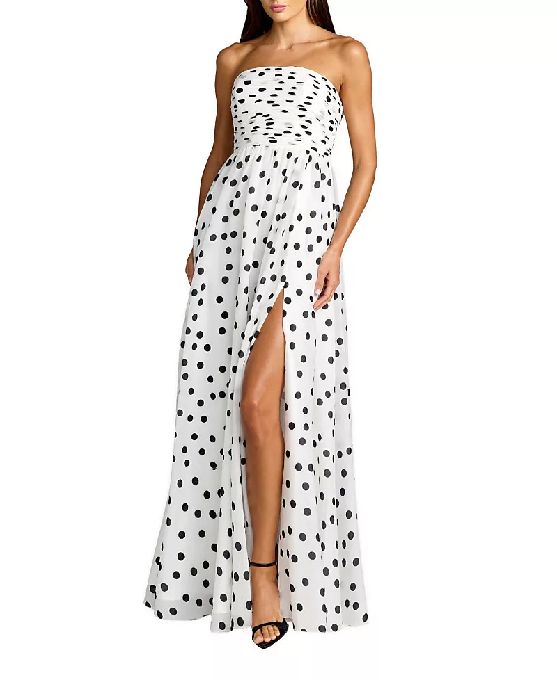 Mac Duggal Polka Dot Strapless Viscose Gown with Slit