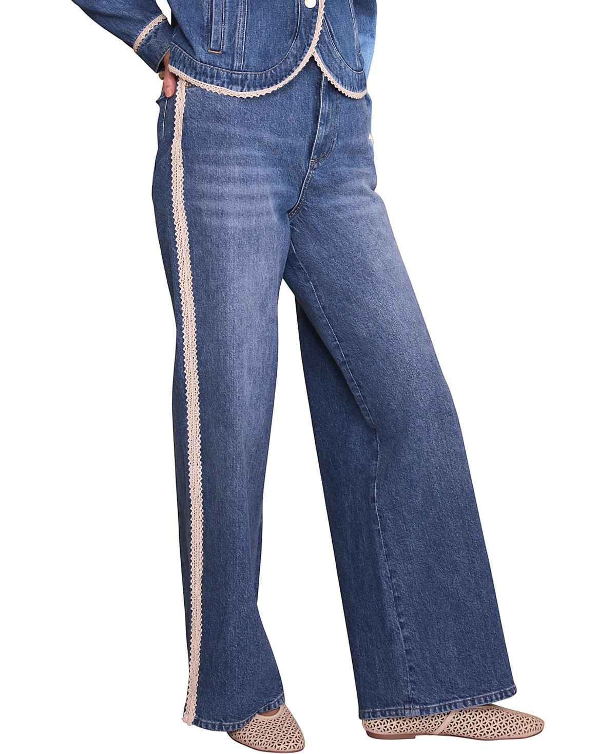 Mint Velvet Women's Midwash Lace Trim Straight Jeans