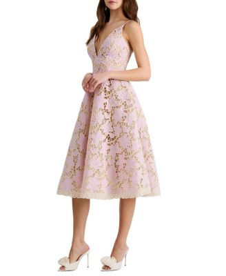 Amelia Plunging Floral Lace Embroidered Midi Dress