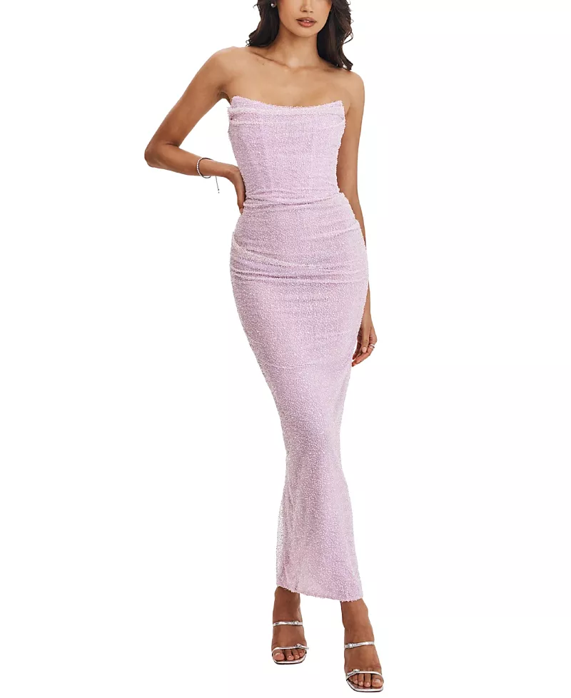 Miss Circle Raylee Beaded Mesh Strapless Sheath Maxi Dress