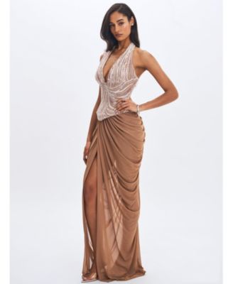  Nancie Beaded Halter Peplum Pleated Maxi Dress