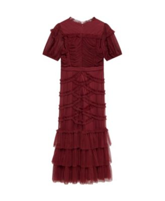  Women's Short Sleeve Tulle Ruffle Maxi Dress