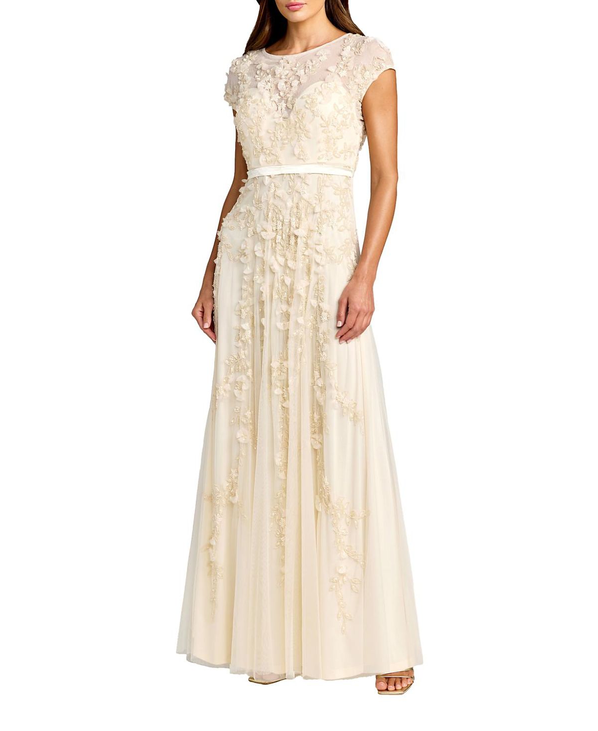 Mac Duggal Floral Embellished Short Sleeve Mesh Gown