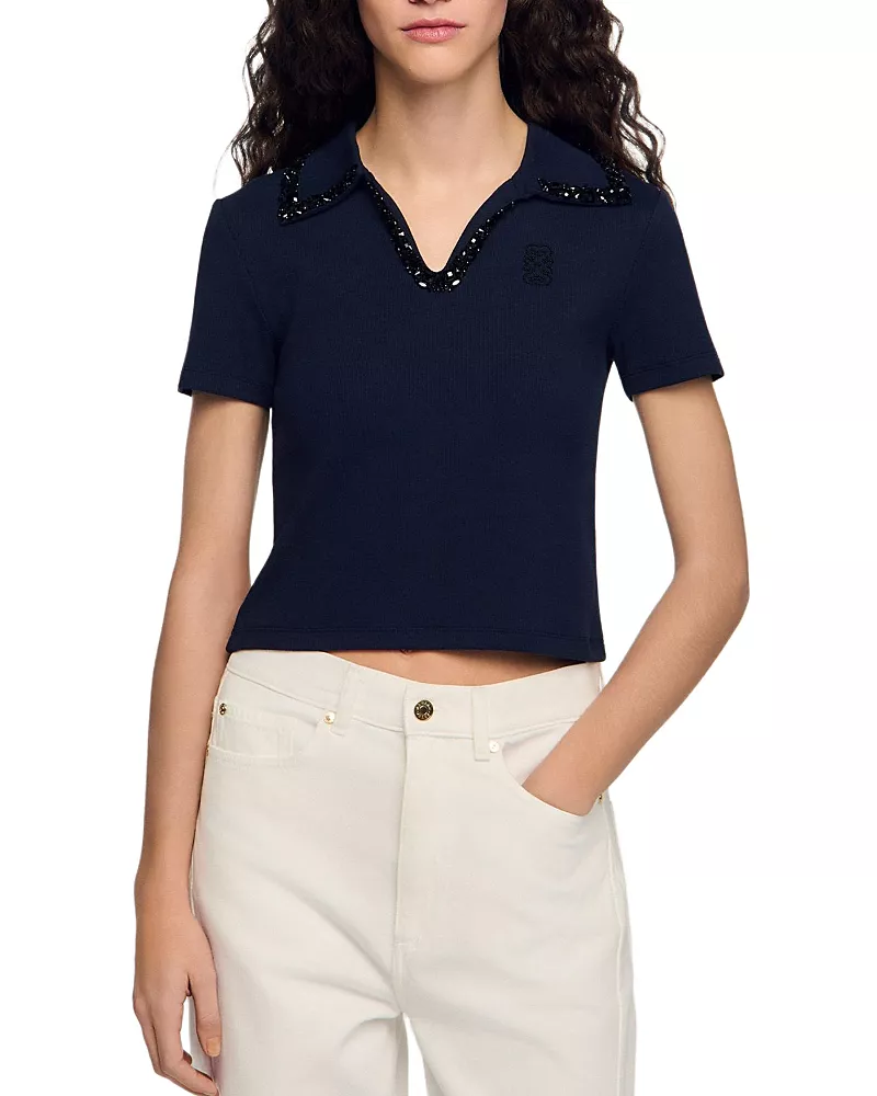 Sandro Auxane Embellished Polo Top