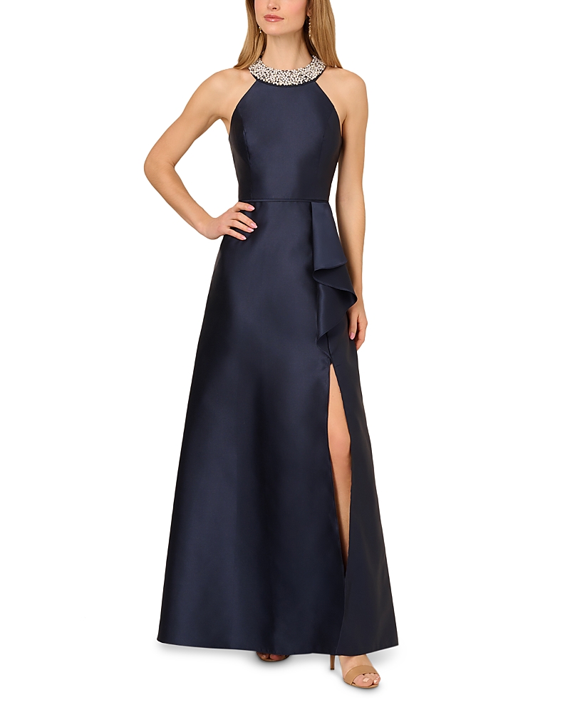Adrianna Papell Embellished Mikado Ruffle Gown