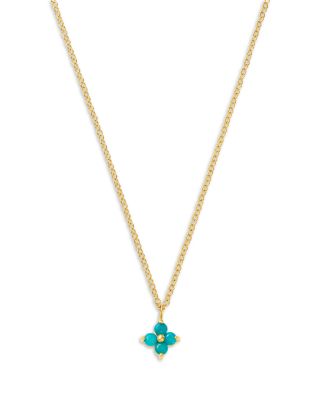 14K Yellow Gold Turquoise Gemstones Flower Cluster Pendant Necklace, 14-16"