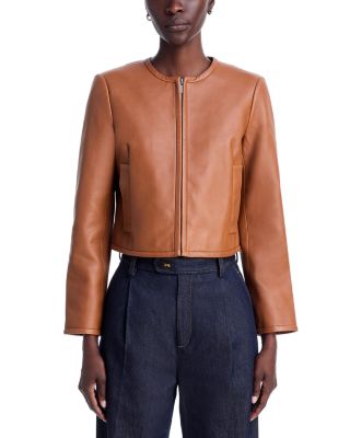 Collarless Crop Leather Jacket