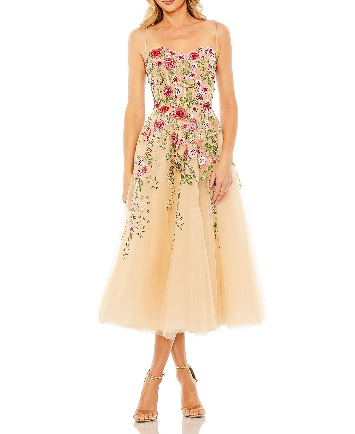 Mac Duggal Slim Strap Sheer Bustier Embroidered Dress