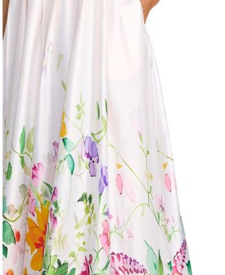  Floral Print Strapless Satin A Line Gown With Pockets